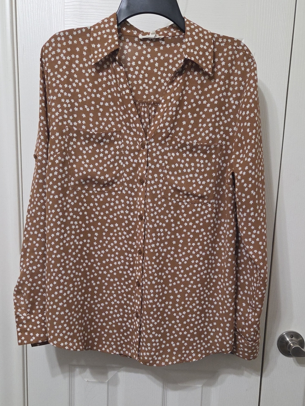 Maurices Tan Button-Down Shirt with White Daisy Print